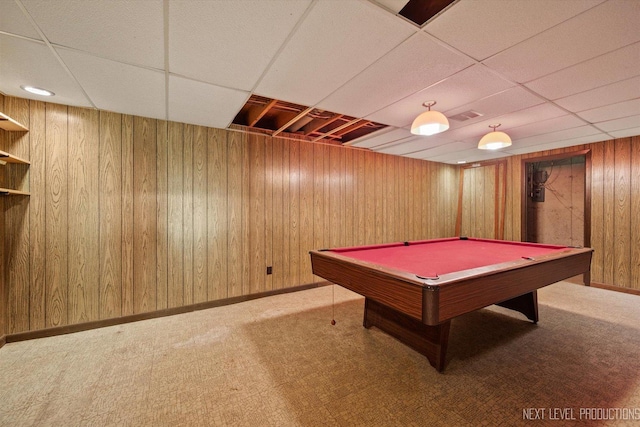 4N194 Thornly Rd, Saint Charles, IL 60174 - playroom with wood walls, a drop ceiling, carpet floors, and pool table