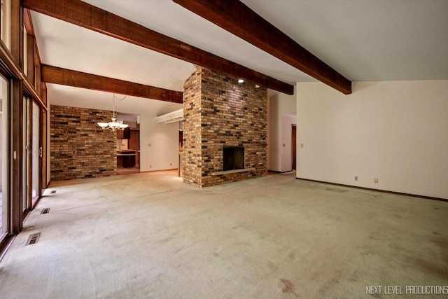 4N194 Thornly Rd, Saint Charles, IL 60174 - unfurnished living room featuring a chandelier, beamed ceiling, a fireplace, and carpet flooring