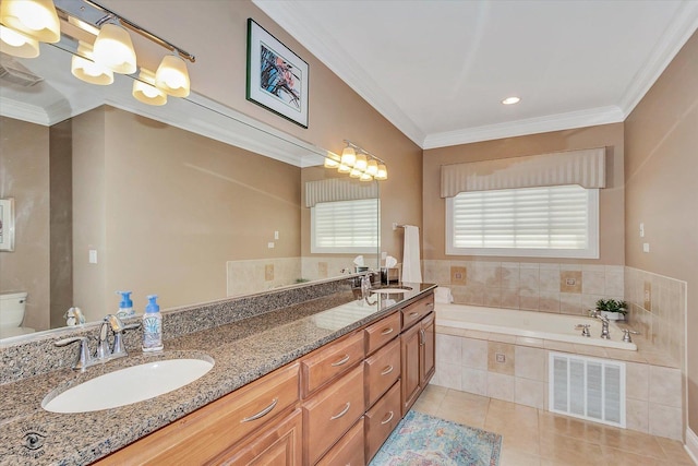 20400 Mackinac Point Dr, Frankfort, IL 60423 - full bathroom featuring tile patterned floors, a bath, double vanity, and crown molding