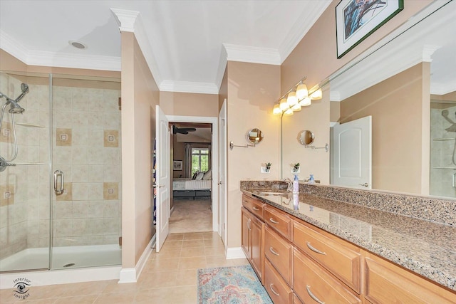 20400 Mackinac Point Dr, Frankfort, IL 60423 - ensuite bathroom with crown molding, vanity, tile patterned floors, and a stall shower