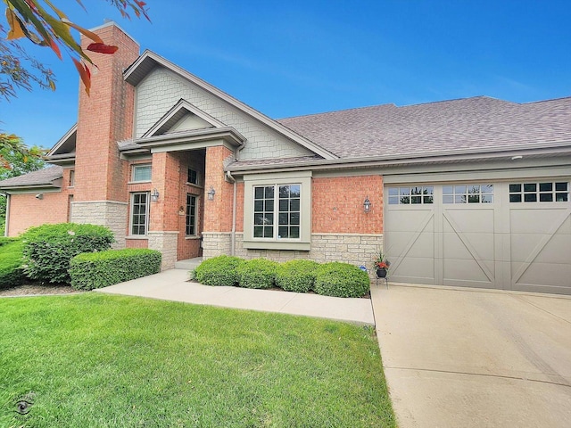 20400 Mackinac Point Dr, Frankfort, IL 60423 - view of front of property with driveway, a garage, a chimney, a front yard, and stone siding