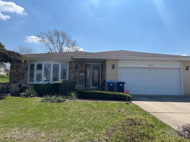 8133 Farmingdale Dr, Darien, IL 60561 - ranch-style home with brick siding, an attached garage, a front yard, and driveway