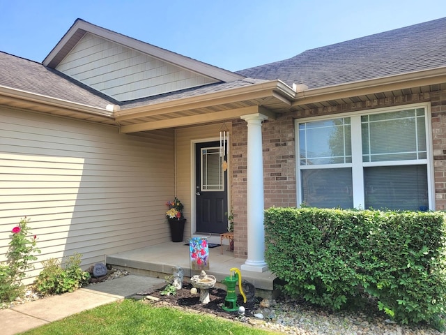 626 Sedgegrass Dr, Champaign, IL 61822 - view of exterior entry featuring a shingled roof and covered porch