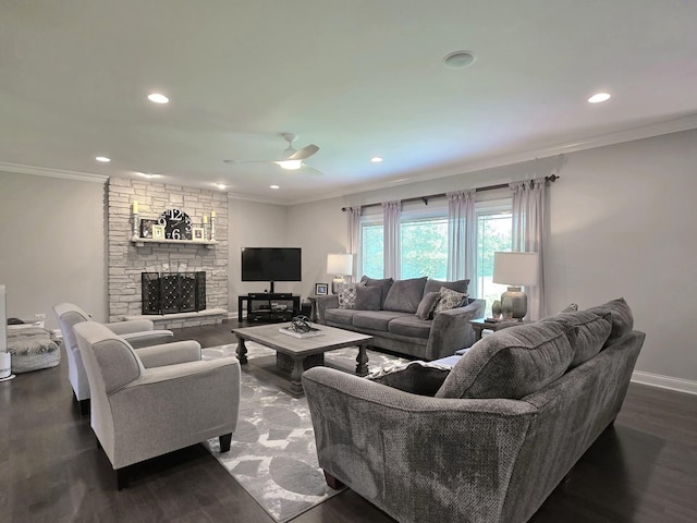 18545 S Marilynn Ct, Mokena, IL 60448 - living room with ornamental molding, dark wood finished floors, a ceiling fan, recessed lighting, and a stone fireplace