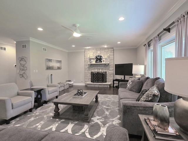 18545 S Marilynn Ct, Mokena, IL 60448 - living room featuring ornamental molding, ceiling fan, wood finished floors, recessed lighting, and a fireplace