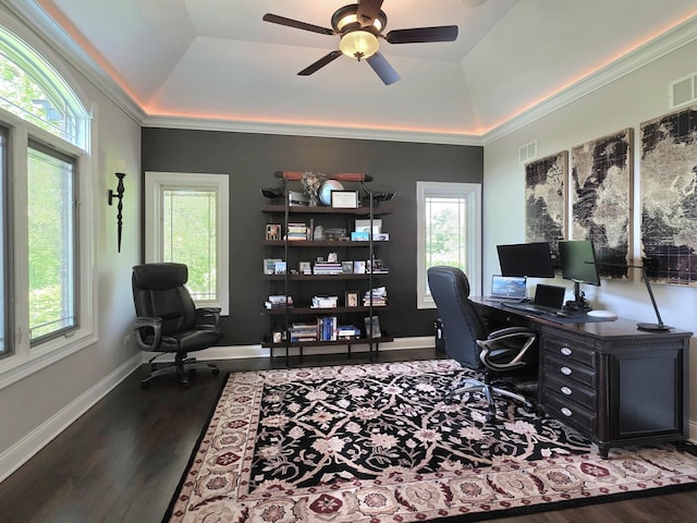 18545 S Marilynn Ct, Mokena, IL 60448 - office space with a tray ceiling, wood finished floors, ceiling fan, baseboards, and crown molding
