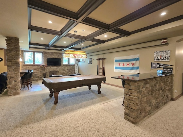 18545 S Marilynn Ct, Mokena, IL 60448 - recreation room featuring carpet floors, pool table, decorative columns, coffered ceiling, and beamed ceiling