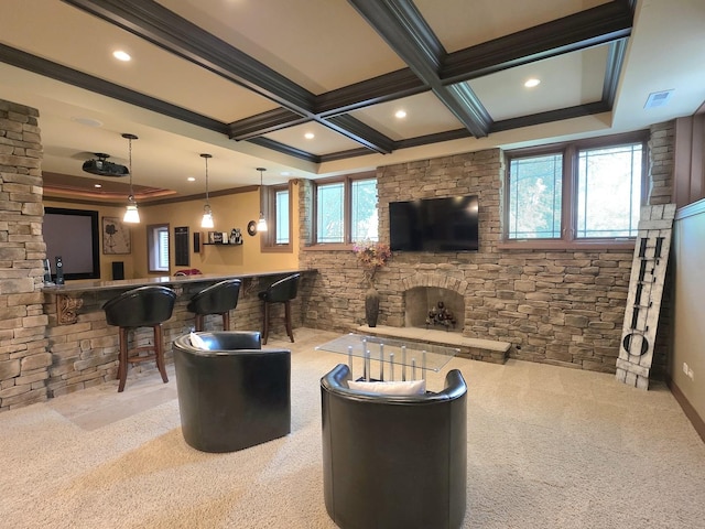 18545 S Marilynn Ct, Mokena, IL 60448 - carpeted living area with crown molding, bar with sink, coffered ceiling, beamed ceiling, and recessed lighting