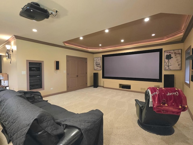 18545 S Marilynn Ct, Mokena, IL 60448 - home theater room with ornamental molding, carpet flooring, recessed lighting, baseboards, and a tray ceiling