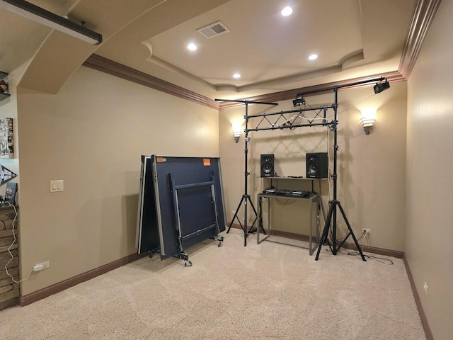 18545 S Marilynn Ct, Mokena, IL 60448 - exercise area featuring a tray ceiling, crown molding, baseboards, carpet floors, and recessed lighting