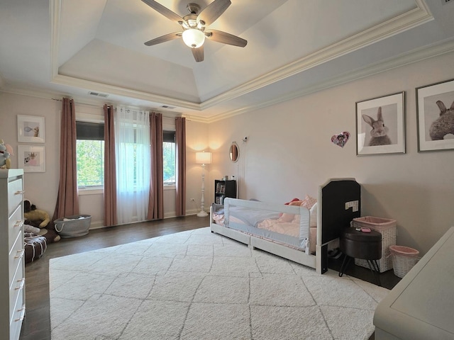 18545 S Marilynn Ct, Mokena, IL 60448 - bedroom featuring a raised ceiling, crown molding, a ceiling fan, and wood finished floors