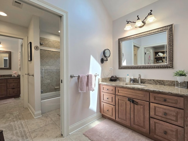 18545 S Marilynn Ct, Mokena, IL 60448 - full bathroom with vanity, baseboards, bath / shower combo with glass door, and vaulted ceiling