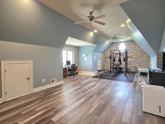 18545 S Marilynn Ct, Mokena, IL 60448 - workout room featuring ceiling fan, vaulted ceiling, wood finished floors, and baseboards