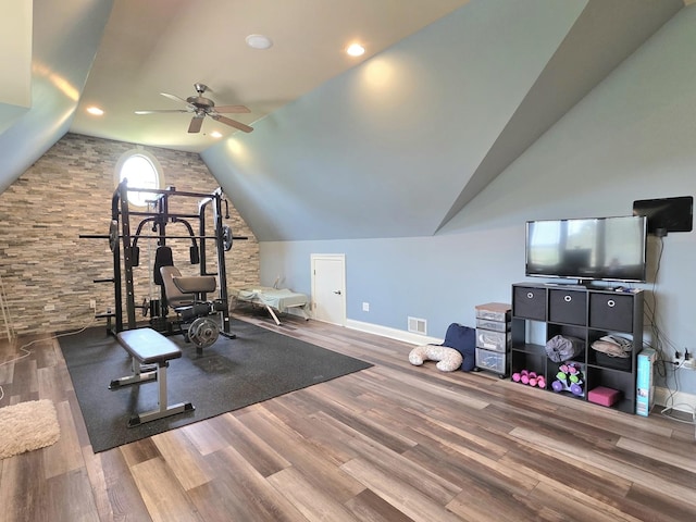 18545 S Marilynn Ct, Mokena, IL 60448 - exercise area with lofted ceiling, a ceiling fan, wood finished floors, and baseboards