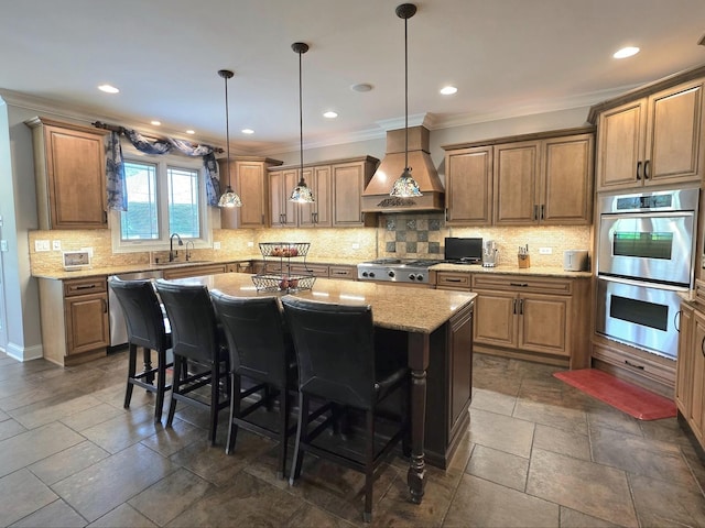 18545 S Marilynn Ct, Mokena, IL 60448 - kitchen with appliances with stainless steel finishes, crown molding, a kitchen island, a kitchen bar, and custom exhaust hood