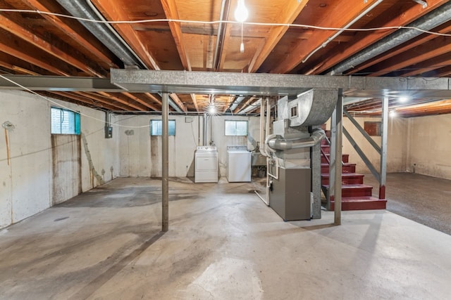 185 Mohawk Trl, Buffalo Grove, IL 60089 - basement with washer and dryer, heating unit, healthy amount of natural light, and stairway