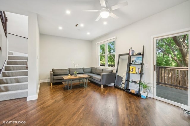 1800 W Diversey Pkwy Unit F, Chicago, IL 60614 - living room featuring stairway, wood finished floors, recessed lighting, a ceiling fan, and baseboards