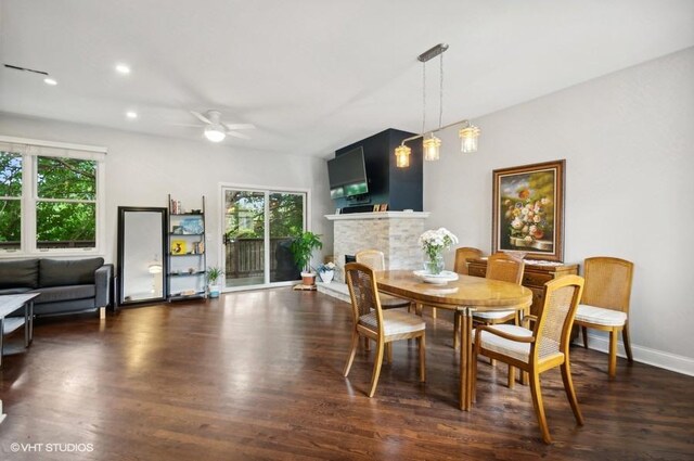 1800 W Diversey Pkwy Unit F, Chicago, IL 60614 - dining room featuring a ceiling fan, wood finished floors, recessed lighting, a fireplace, and baseboards