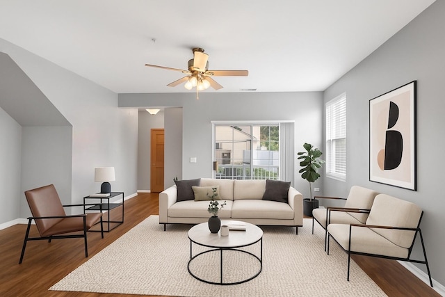 2215 Aurora Dr Unit 1, Pingree Grove, IL 60140 - living room with wood finished floors, a ceiling fan, and baseboards