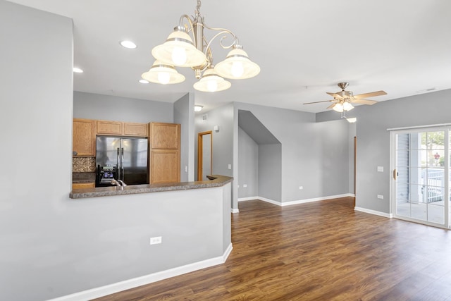 2215 Aurora Dr Unit 1, Pingree Grove, IL 60140 - kitchen with refrigerator with ice dispenser, ceiling fan, dark wood-type flooring, baseboards, and a chandelier