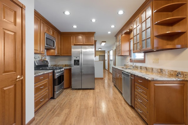 1141 Hartford Ln, Elk Grove Village, IL 60007 - kitchen featuring stainless steel appliances, light wood-type flooring, light stone countertops, glass insert cabinets, and recessed lighting
