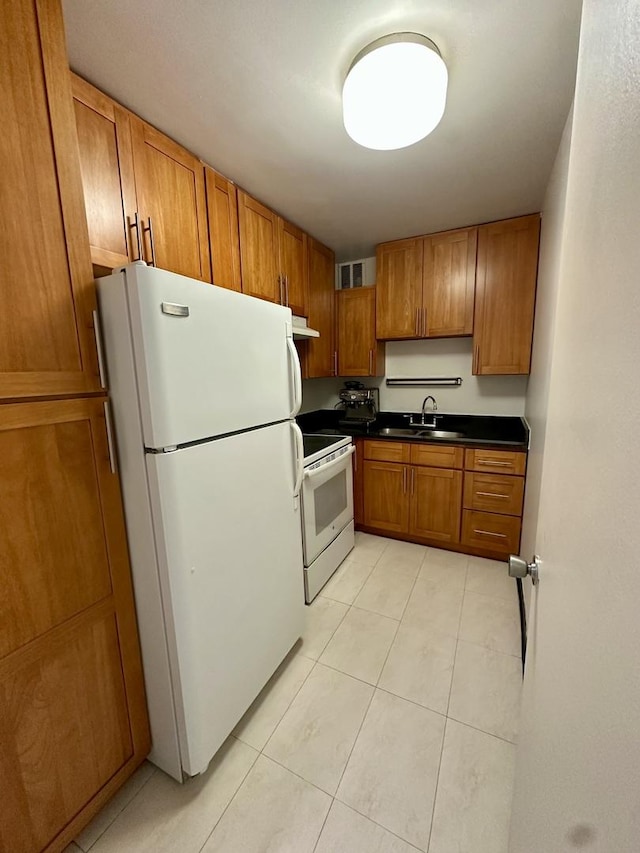 1700 E 56th St Unit 1706, Chicago, IL 60637 - kitchen featuring white appliances, a sink, brown cabinets, dark countertops, and light tile patterned floors