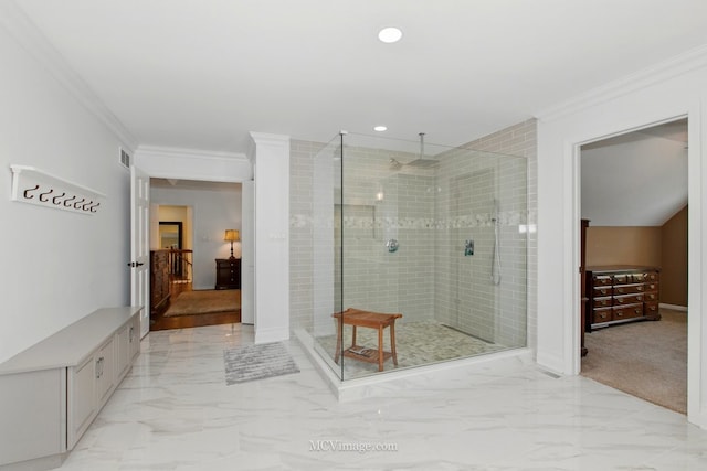 24255 Cropland Dr, Plainfield, IL 60544 - full bath featuring ornamental molding, a shower stall, recessed lighting, marble finish flooring, and baseboards