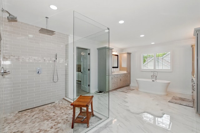 24255 Cropland Dr, Plainfield, IL 60544 - bathroom with tiled shower, crown molding, vanity, a soaking tub, and marble finish floors