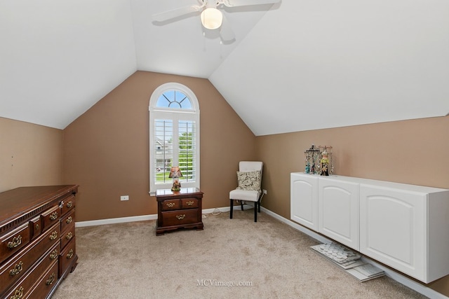 24255 Cropland Dr, Plainfield, IL 60544 - sitting room featuring a ceiling fan, vaulted ceiling, light carpet, and baseboards