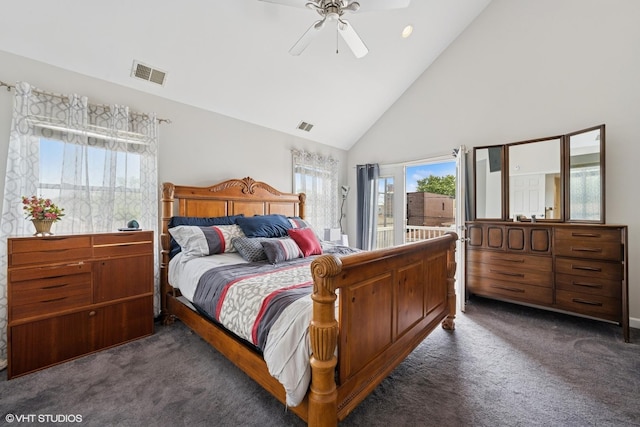 1933 N 75th Ave, Elmwood Park, IL 60707 - carpeted bedroom featuring high vaulted ceiling, ceiling fan, and access to exterior