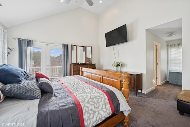 1933 N 75th Ave, Elmwood Park, IL 60707 - bedroom featuring access to outside, carpet, multiple windows, high vaulted ceiling, and ceiling fan