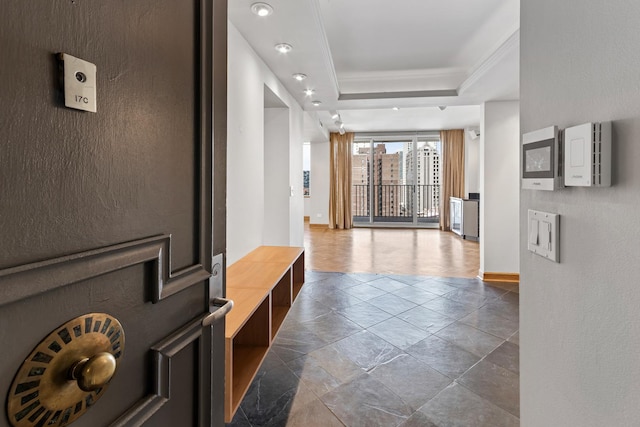 1000 N Lake Shore Plz Unit 17C, Chicago, IL 60611 - hall featuring baseboards, dark stone finish flooring, a raised ceiling, and recessed lighting