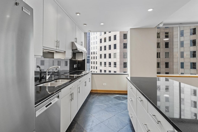 1000 N Lake Shore Plz Unit 17C, Chicago, IL 60611 - kitchen with stainless steel appliances, under cabinet range hood, a sink, dark stone counters, and recessed lighting