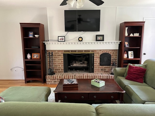 1539 Wincanton Dr, Deerfield, IL 60015 - living room featuring a brick fireplace, wood finished floors, and ceiling fan