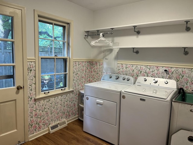 1539 Wincanton Dr, Deerfield, IL 60015 - washroom with wallpapered walls, washing machine and clothes dryer, and dark wood-style floors