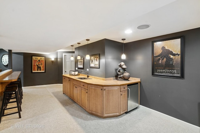 3022 Woods Creek Ln, Algonquin, IL 60102 - indoor bar with fridge, light colored carpet, baseboards, and decorative light fixtures