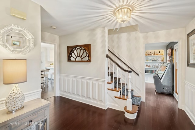 3022 Woods Creek Ln, Algonquin, IL 60102 - entryway featuring a chandelier, wood-type flooring, stairway, and a wainscoted wall