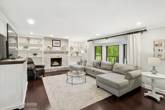 3022 Woods Creek Ln, Algonquin, IL 60102 - living room with dark wood-type flooring, a fireplace, crown molding, recessed lighting, and baseboards