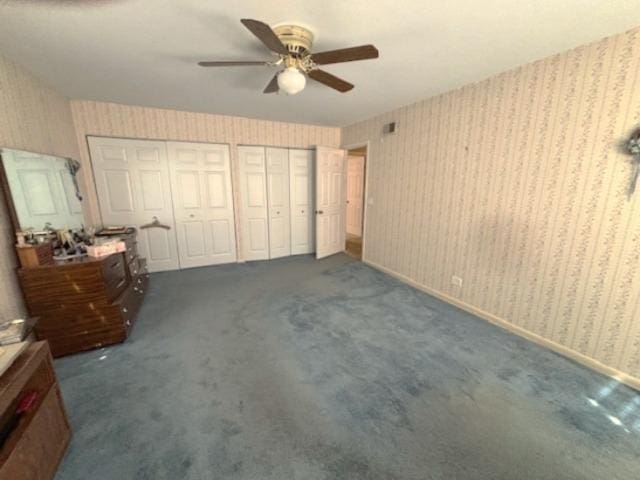 5N265 Neva Ter, Itasca, IL 60143 - unfurnished bedroom with wallpapered walls, two closets, carpet flooring, and a ceiling fan