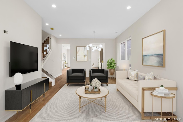 6513 S Langley Ave, Chicago, IL 60637 - living room featuring wood finished floors, stairs, a chandelier, and recessed lighting