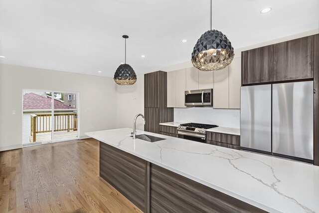 6513 S Langley Ave, Chicago, IL 60637 - kitchen featuring appliances with stainless steel finishes, a sink, modern cabinets, light wood-style floors, and recessed lighting