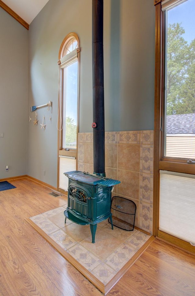 166 Fossil Cove Ln, Wilmington, IL 60481 - detailed view of a wood stove, wood finished floors, a wainscoted wall, and tile walls