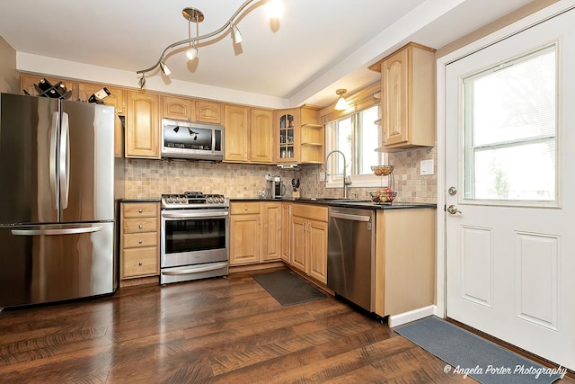 909 Aimtree Pl, Schaumburg, IL 60194 - kitchen featuring appliances with stainless steel finishes, a sink, dark countertops, and backsplash
