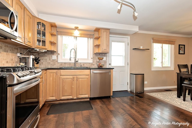 909 Aimtree Pl, Schaumburg, IL 60194 - kitchen featuring appliances with stainless steel finishes, a sink, open shelves, dark countertops, and light brown cabinets