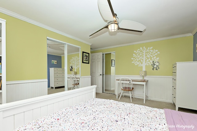 909 Aimtree Pl, Schaumburg, IL 60194 - bedroom with wainscoting, crown molding, carpet flooring, ceiling fan, and an office area