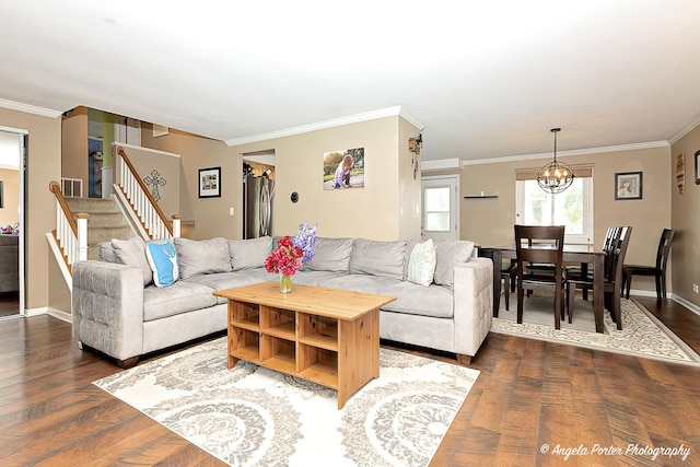 909 Aimtree Pl, Schaumburg, IL 60194 - living room featuring a chandelier, stairs, ornamental molding, and baseboards