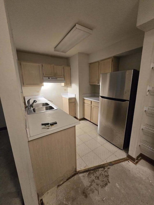 19 N Macgillis Dr Unit 19, Round Lake, IL 60073 - kitchen featuring freestanding refrigerator, a sink, under cabinet range hood, light countertops, and baseboards