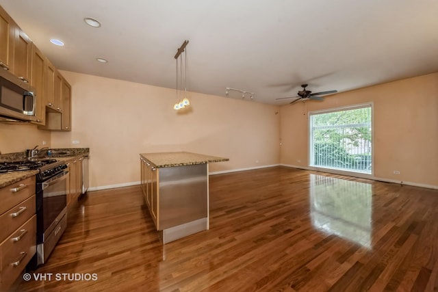 4453 S Berkeley Ave Unit 1, Chicago, IL 60653 - kitchen with appliances with stainless steel finishes, a ceiling fan, baseboards, dark wood-style floors, and open floor plan