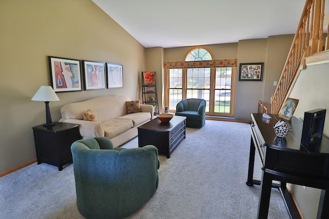 523 Jaquays St, Lockport, IL 60441 - living area featuring carpet flooring, stairway, lofted ceiling, and baseboards