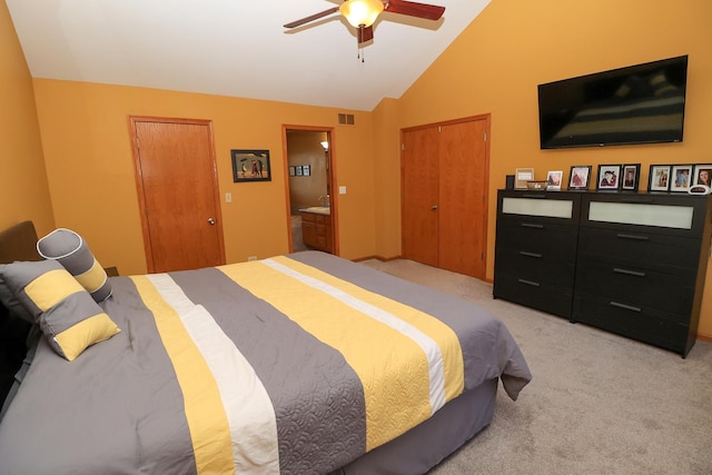 523 Jaquays St, Lockport, IL 60441 - bedroom featuring vaulted ceiling, light colored carpet, and a ceiling fan